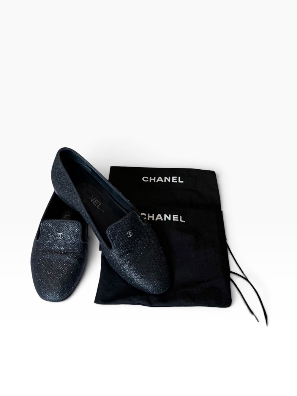 Chanel Black Glitter CC Logo Loafers Flats Size 39 Made in Italy